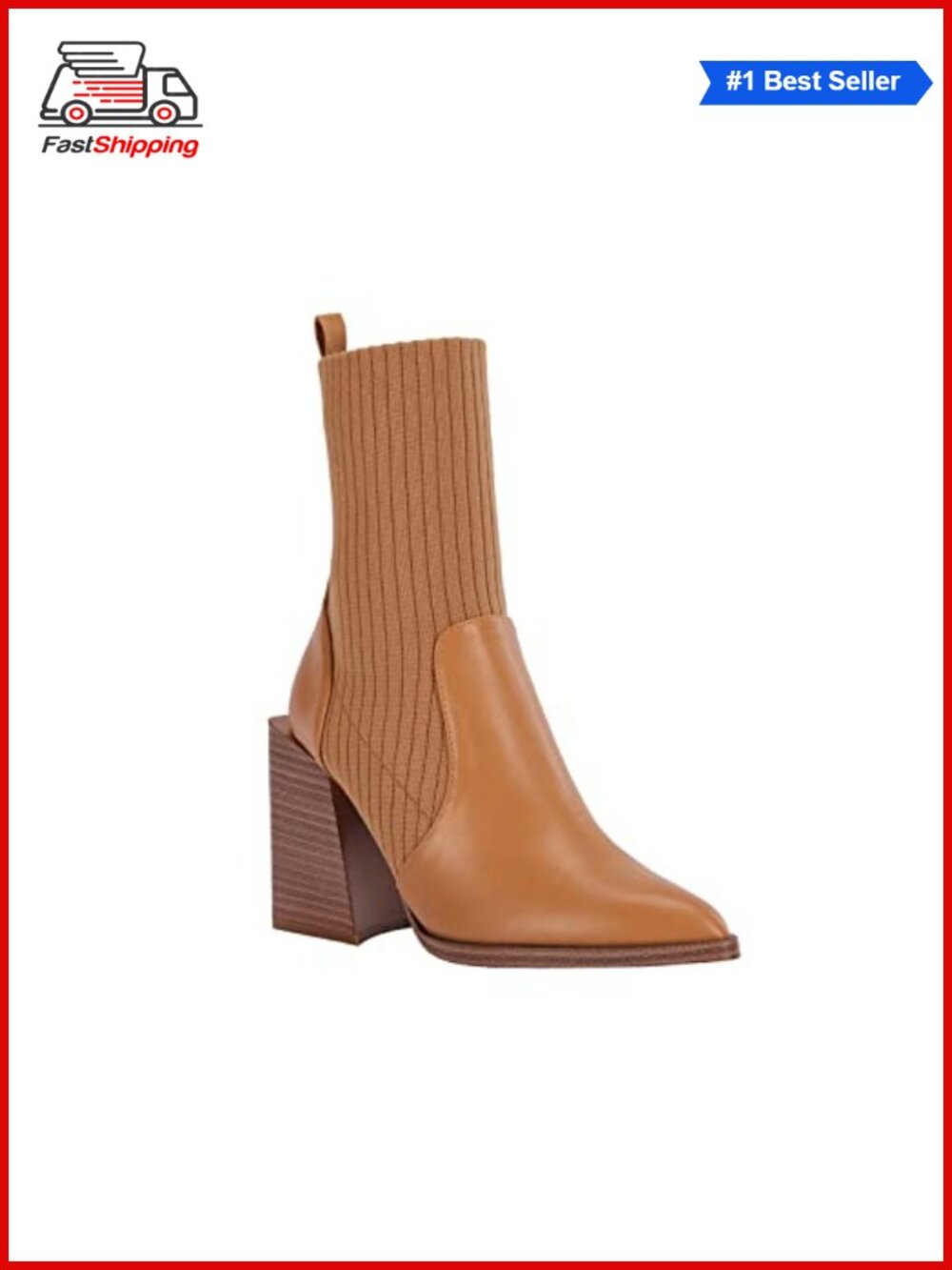 ✨ Pointed Toe Chunky Stacked Heel Faux Leather Sock Ankle Booties Slip On
